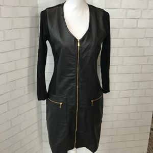 Multi media faux leather long sleeve zip up dress
